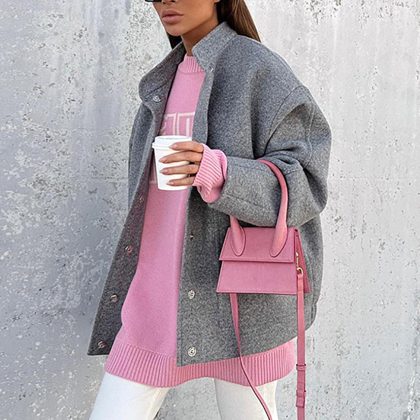 Women's Loose Street Gray Woolen Winter Fashion Mid-length Coats