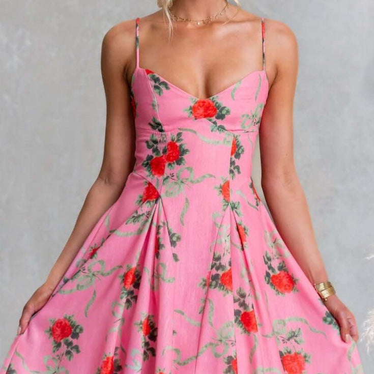 Women's Summer Flower Printed Large Swing Strap Beach Dress