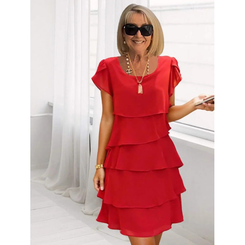 Women's Sleeve Cake Solid Color Round Neck Dress