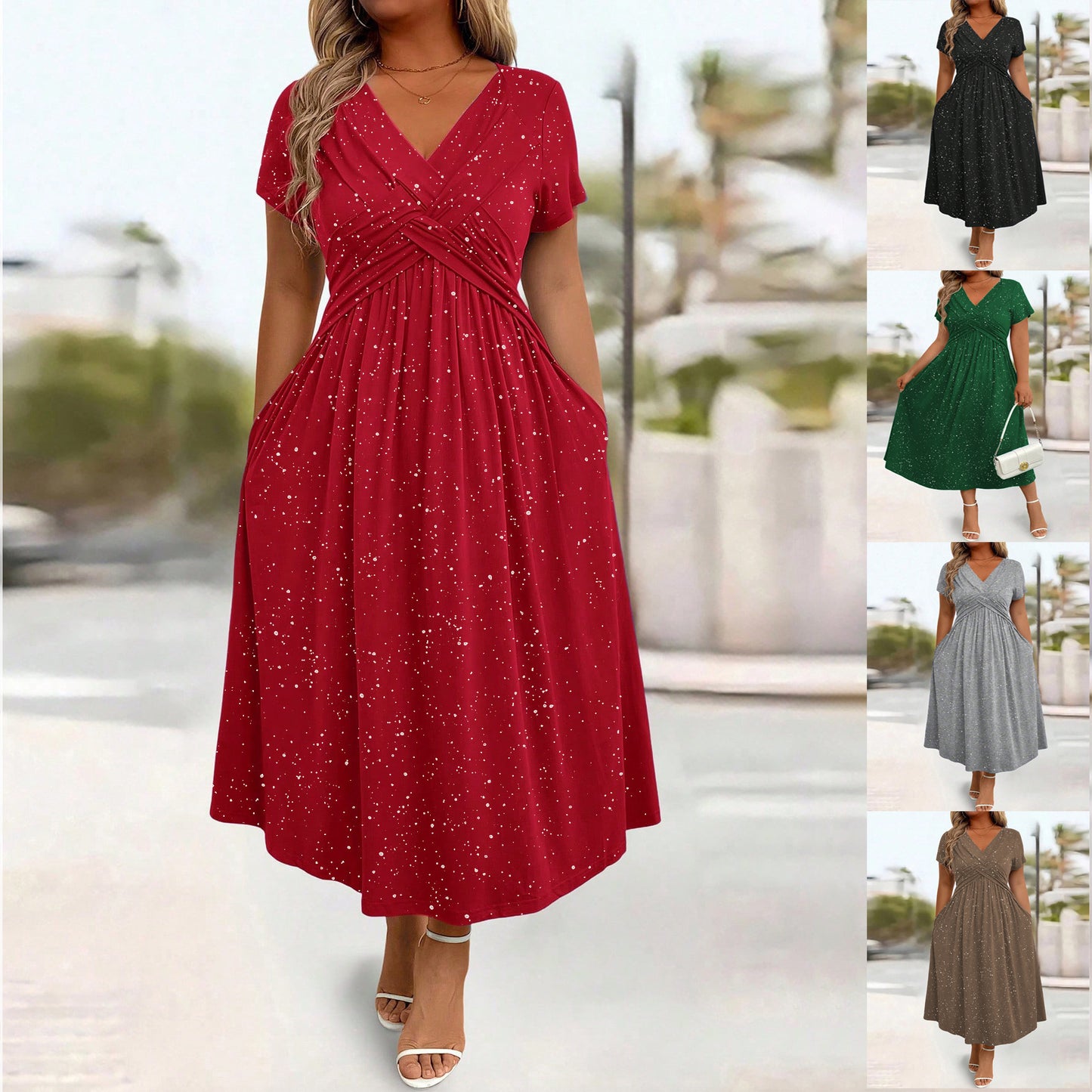 Women's Dusting Powder Shiny Twisted Sleeve With Dress