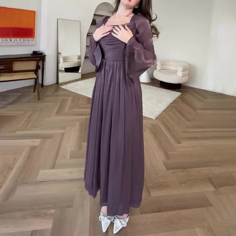 Women's Autumn French Square Collar Pleated Slim Dresses