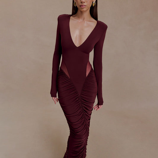 Women's Solid Color Deep Long Sleeve Sexy Dress