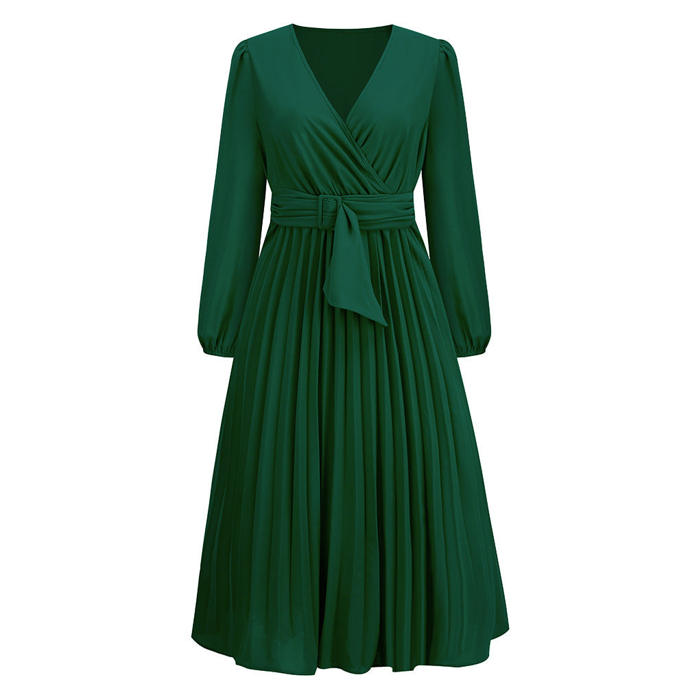 Women's Long Sleeve Pleated Belt Dress A- Dresses