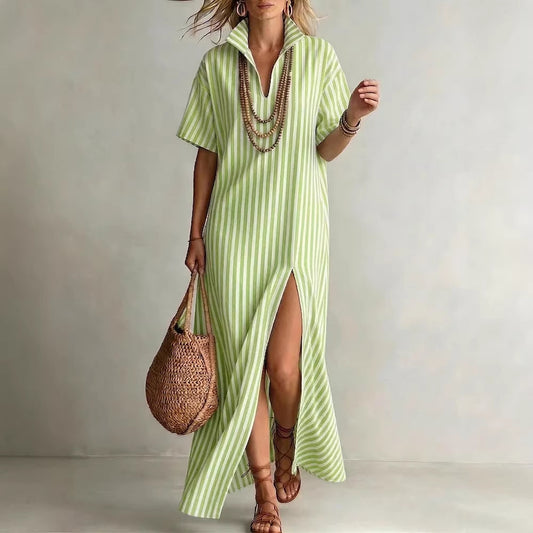 Women's Summer Sleeve Striped Slit Cotton Linen Shorts