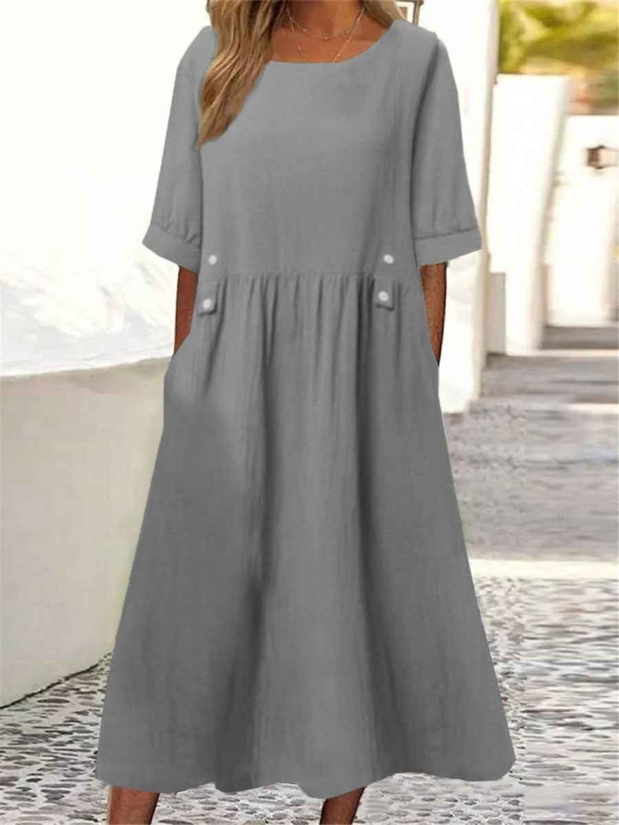 Cotton Linen Dress Round Neck Loose Dresses