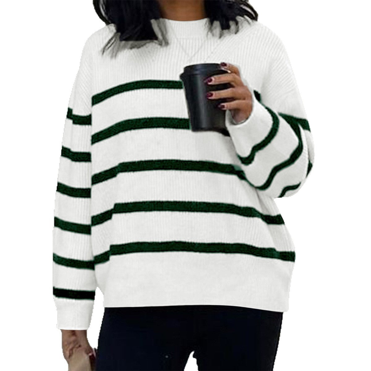 Slouchy Women's Casual Striped Wool Long-sleeved Sweater