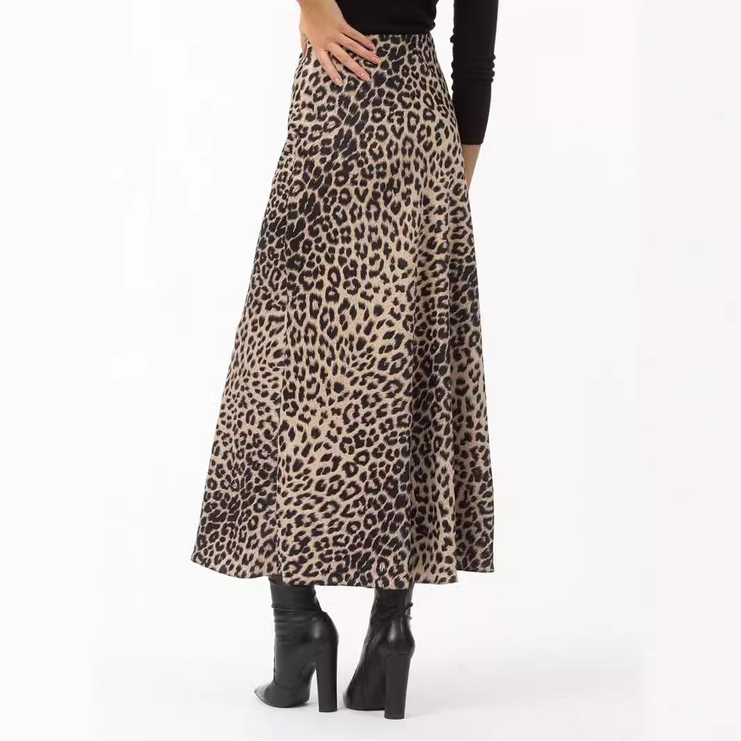 Satin Sexy Leopard Print Maxi High Skirts