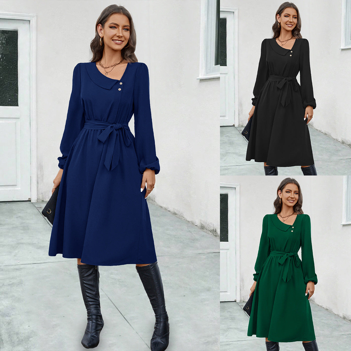 Women's Irregular Collar Button Long Sleeve Dress