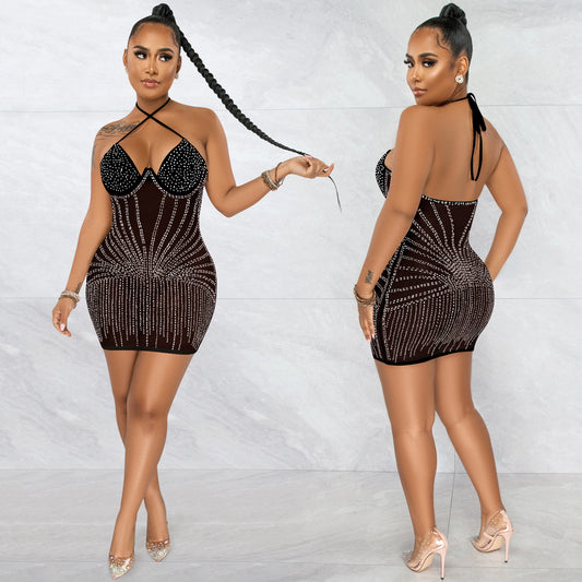 Sexy Spaghetti Straps Chest Wrap Rhinestone Dresses