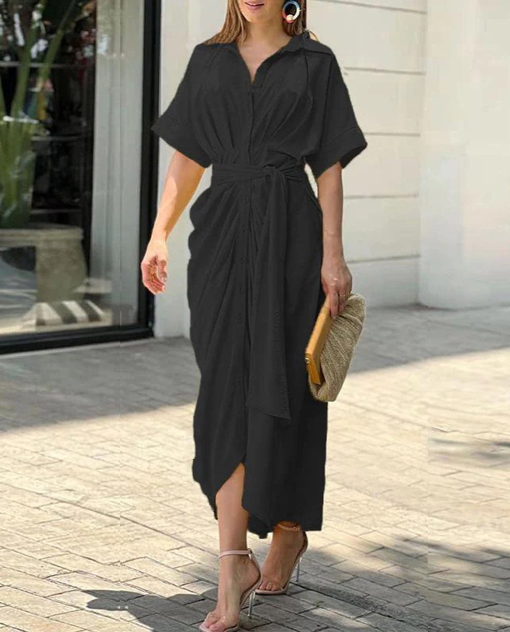 Women's Mid-length Sleeve Single-breasted High Waist Shirt Dresses