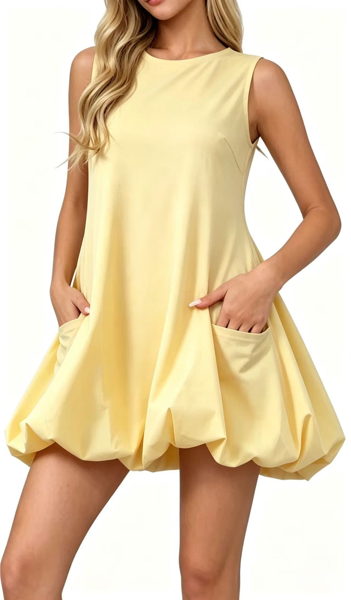 Summer Solid Color Sleeveless Bud Puff Elegant Beach Dress