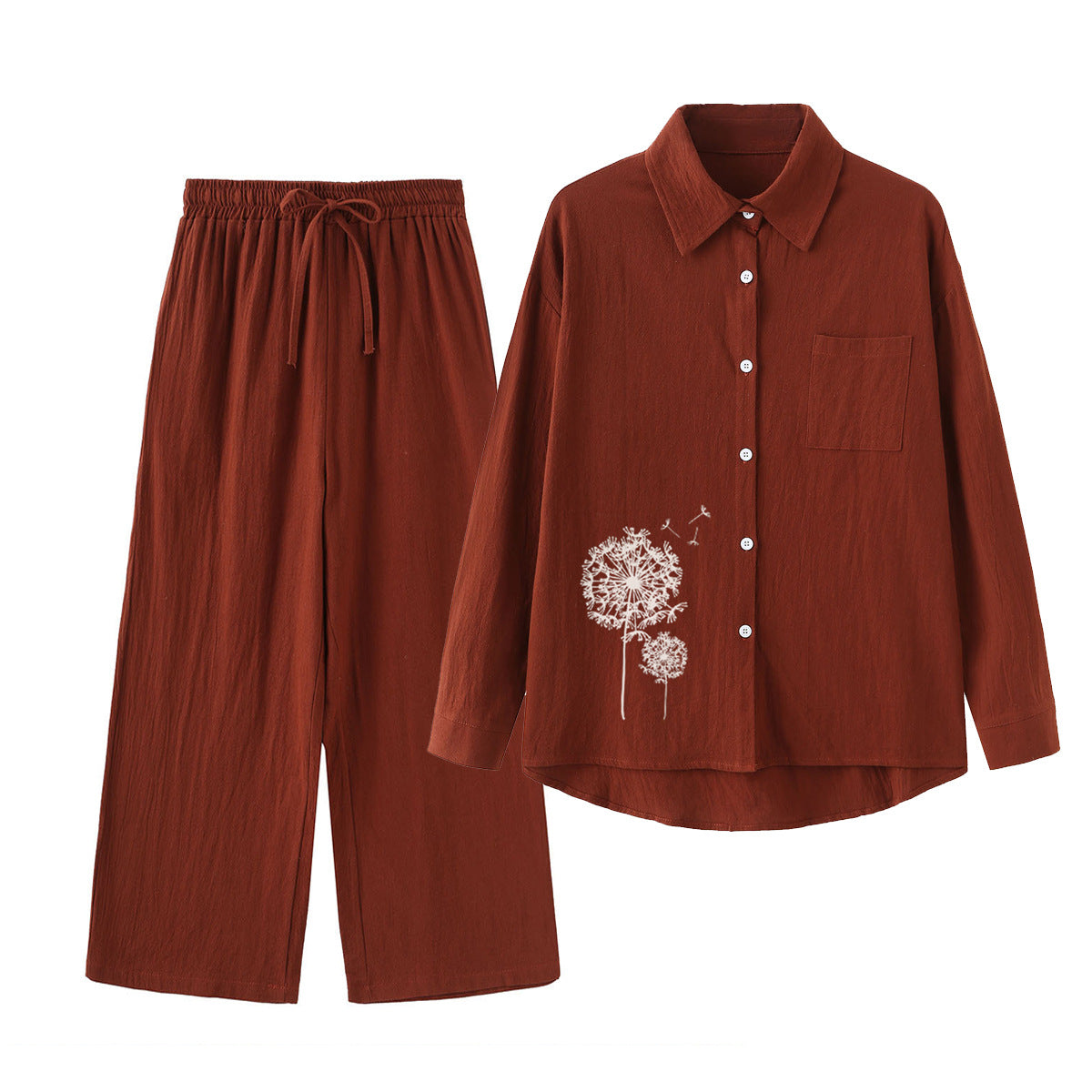 Women's Cotton Linen Shirt Wide Leg Printed Fashion Casual Suit