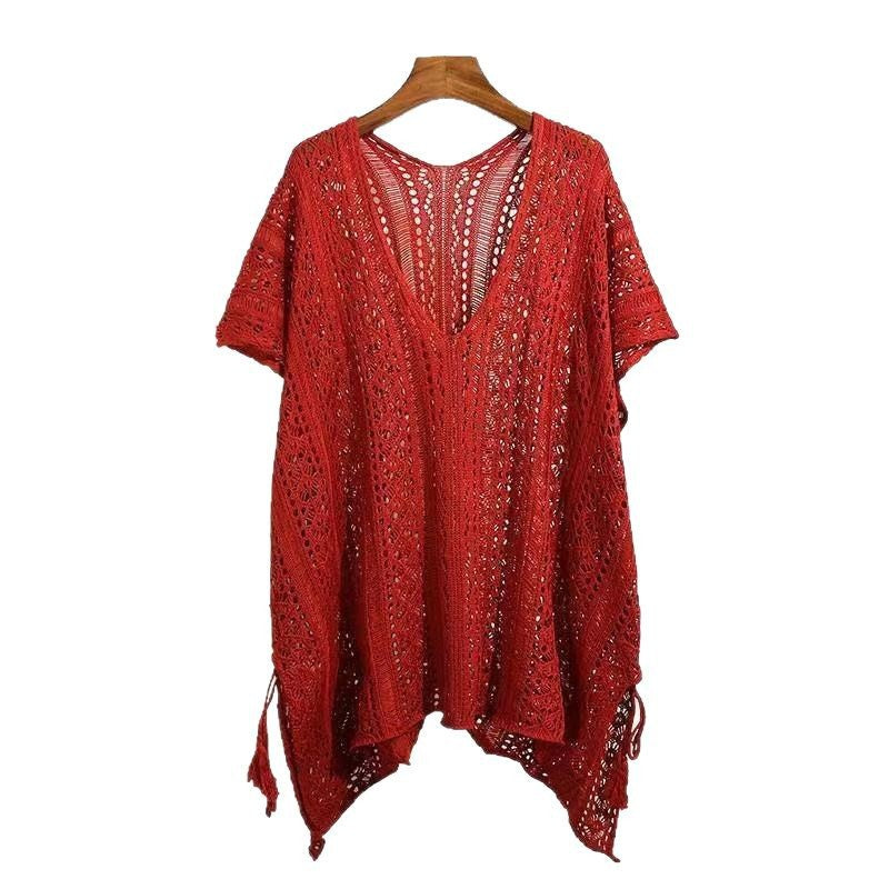 Women's Mid-length Batwing Sleeve Smock Tied Pure Desire Sexy Cutout Knitted Tops