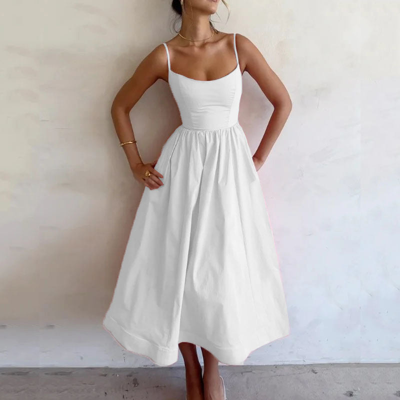 Women's Summer Solid Color Sexy Collar Fitted Waist Dress