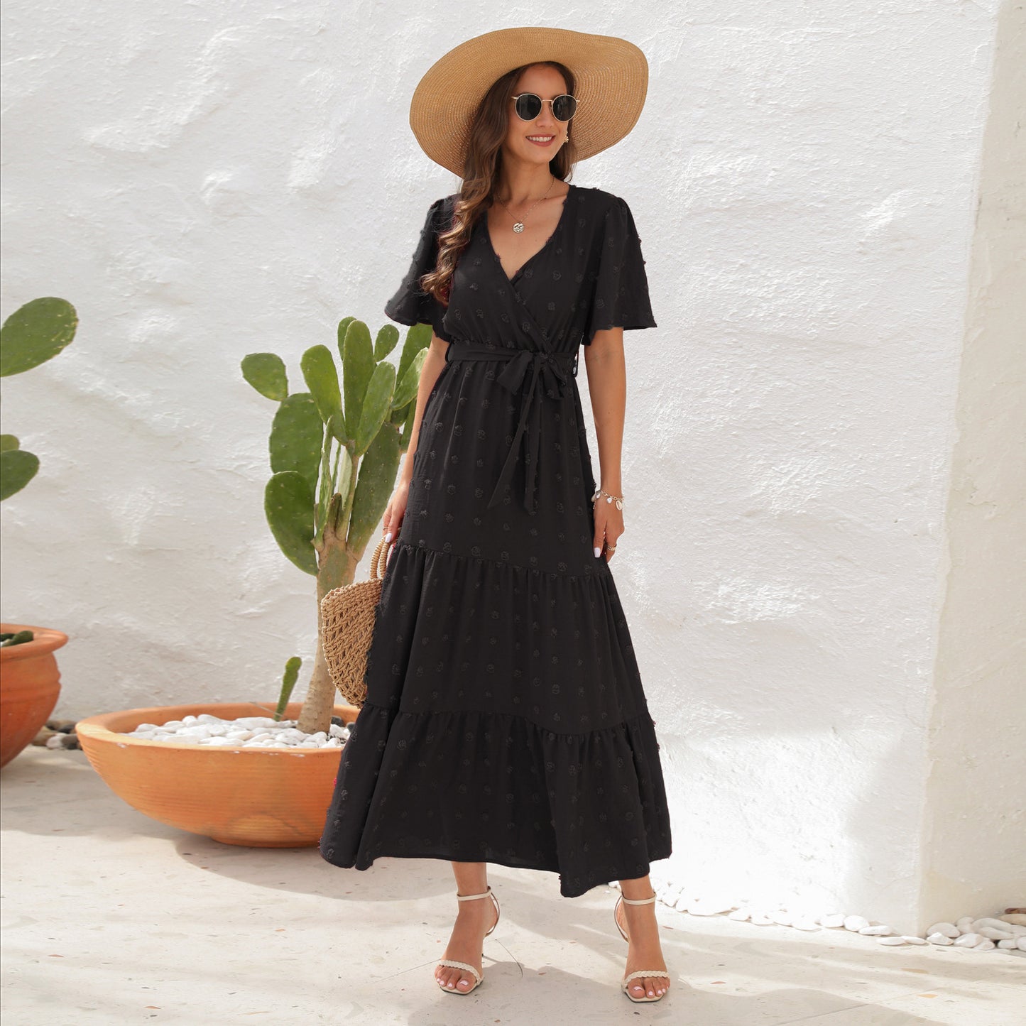 High Waist Tied Dress Fur Ball Long Dresses