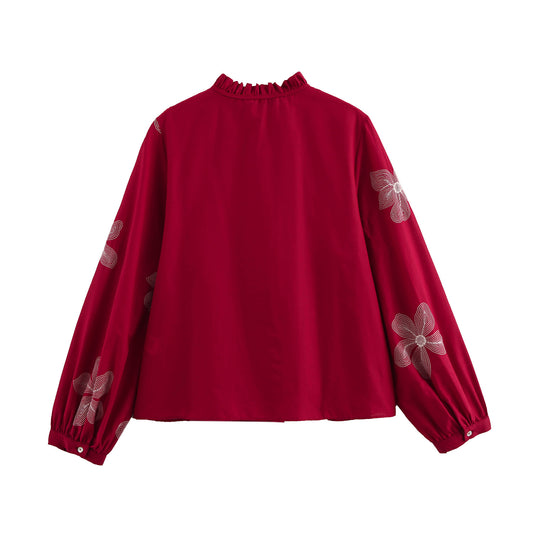 Women's Spring Long Sleeve Loose Embroidered Shirt Blouses
