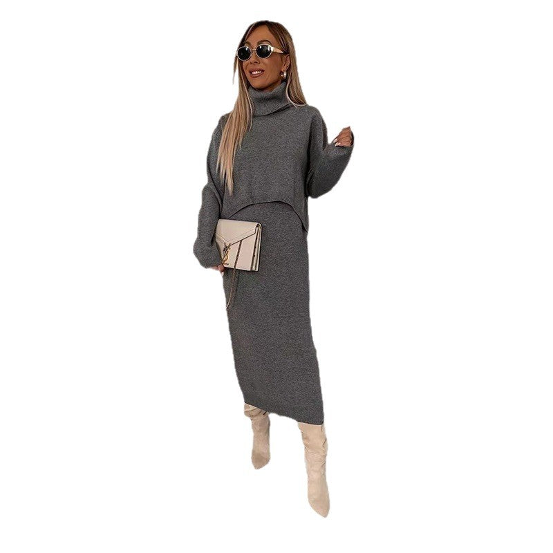Women's Solid Color Turtleneck Knitting Hip Two-piece Fashion Casual Suit
