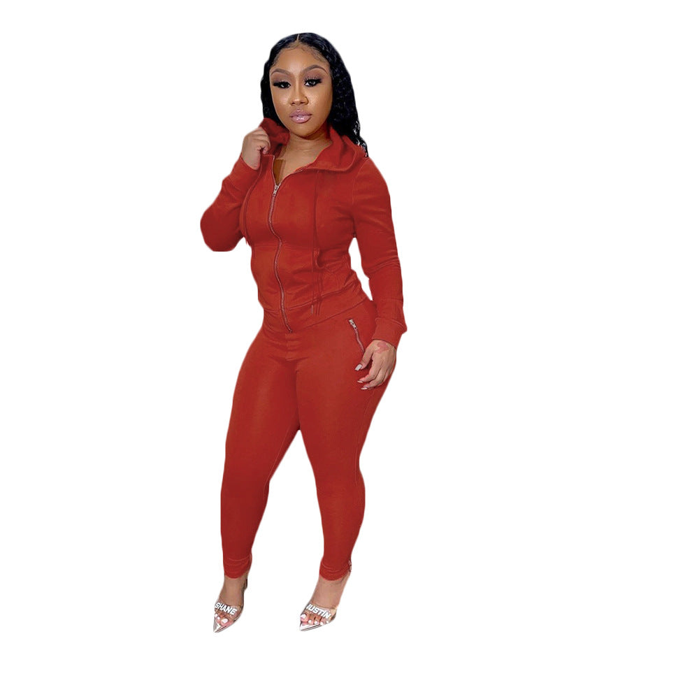 Women's Autumn Solid Color Personality Zipper Two-piece Suits