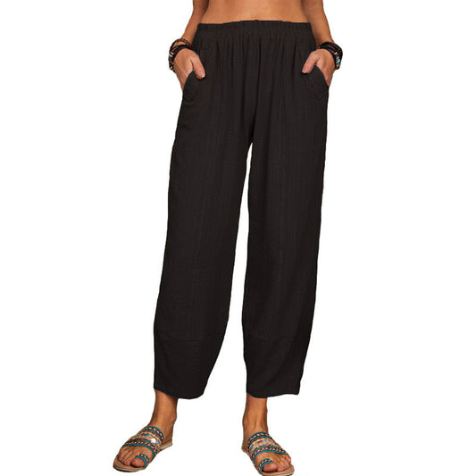 Women's Summer Solid Color Loose Cotton Linen Casual Home Pants