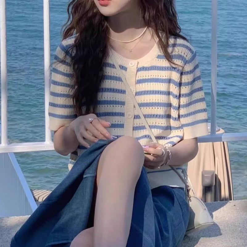 Women's Korean Style Gentle Blue White Striped Women's Sweater