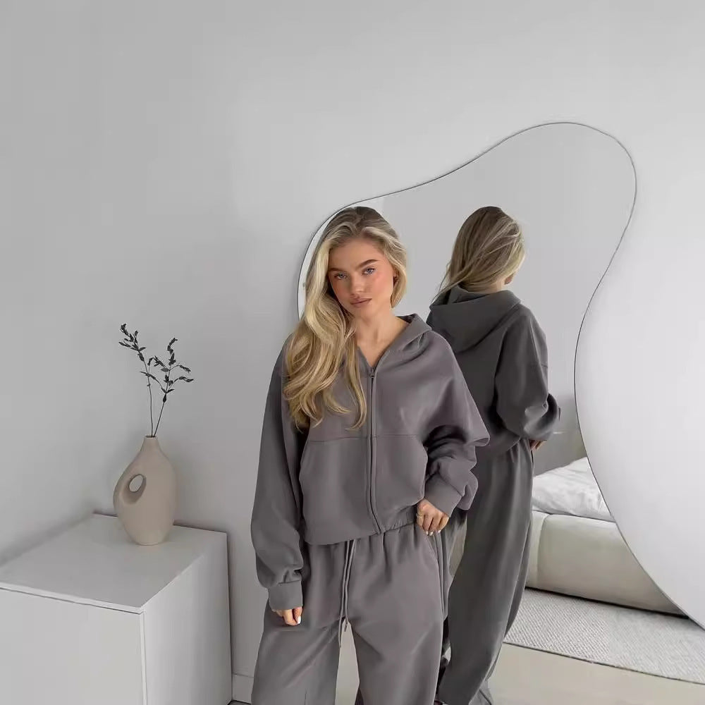 Women's Zipper Hooded Sport Trousers Two-piece Casual Suits