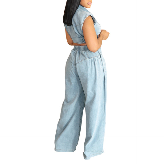 Women's Sexy Sleeveless Two-piece Loose Straight Summer Jeans