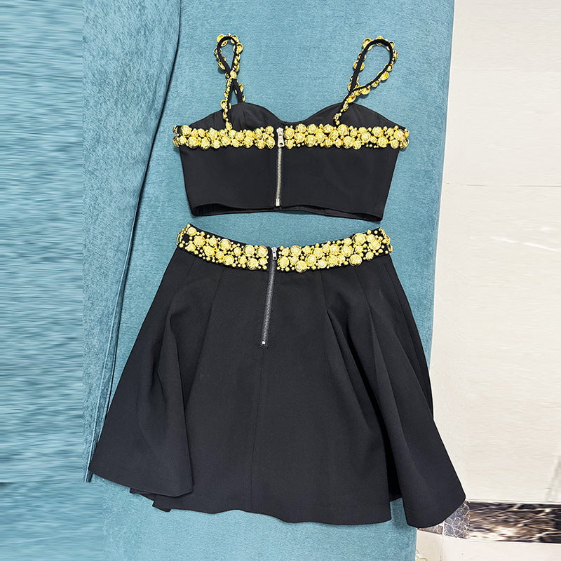 Spring Fashionable Golden Fastener Decoration Camisole Mid-length Dress Fashion Casual Suit