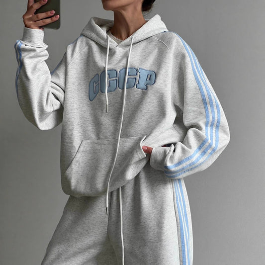 Patchwork Hooded Loose Long Sleeves Pullover Suits