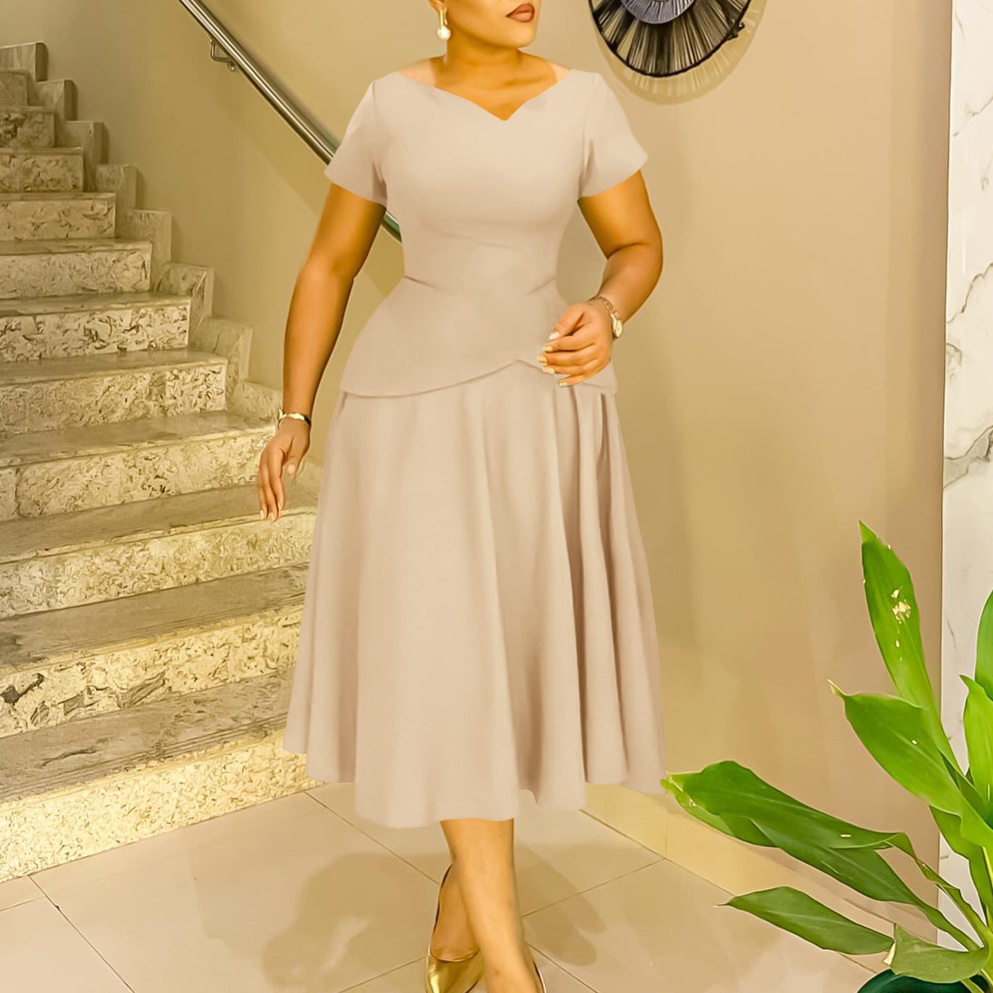 Solid Color Sleeve A- Line Large Dresses