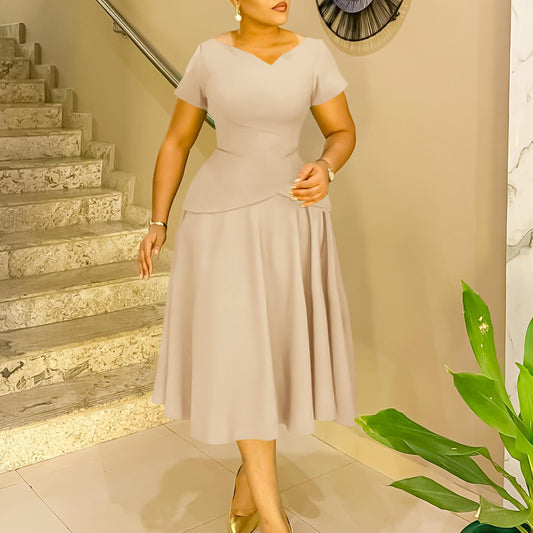Solid Color Sleeve A- Line Large Dresses