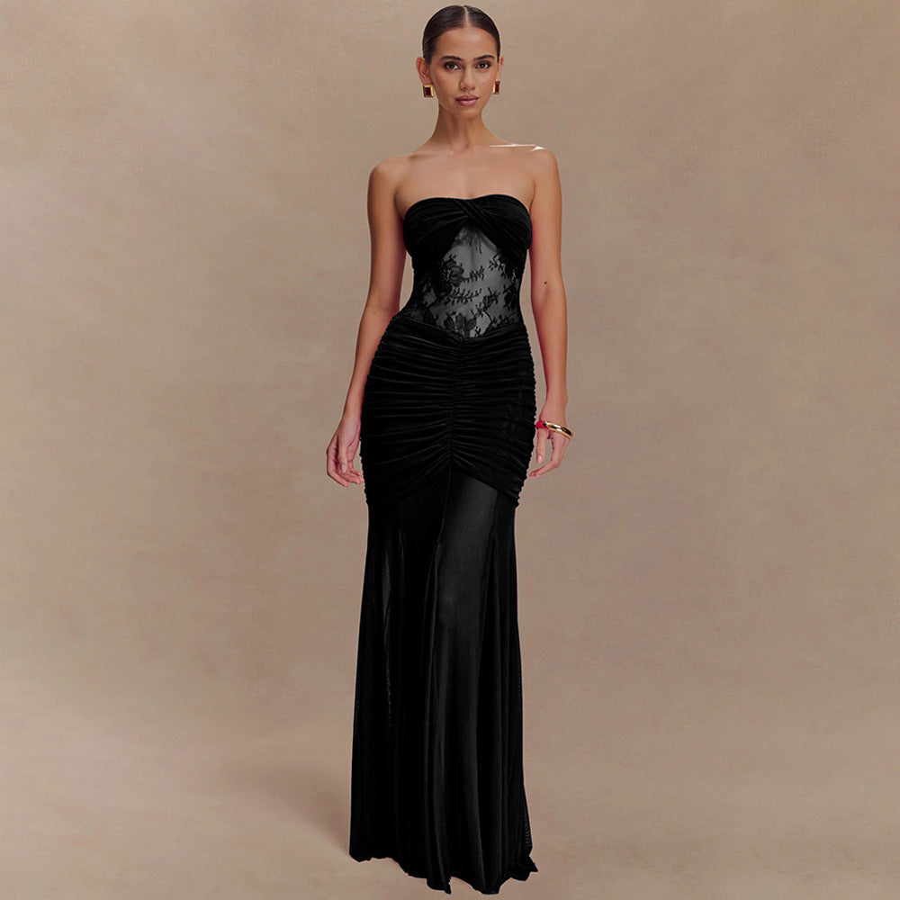 Graceful Tube Sleeveless Sexy Pleated Hollow Dress