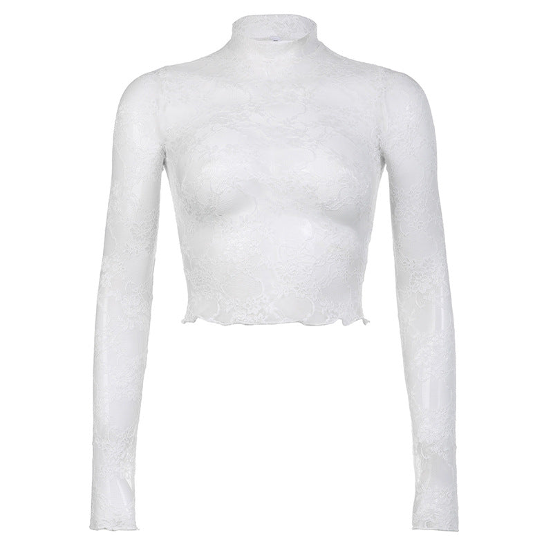 Hot Lace Turtleneck Long Sleeve T-shirt Blouses