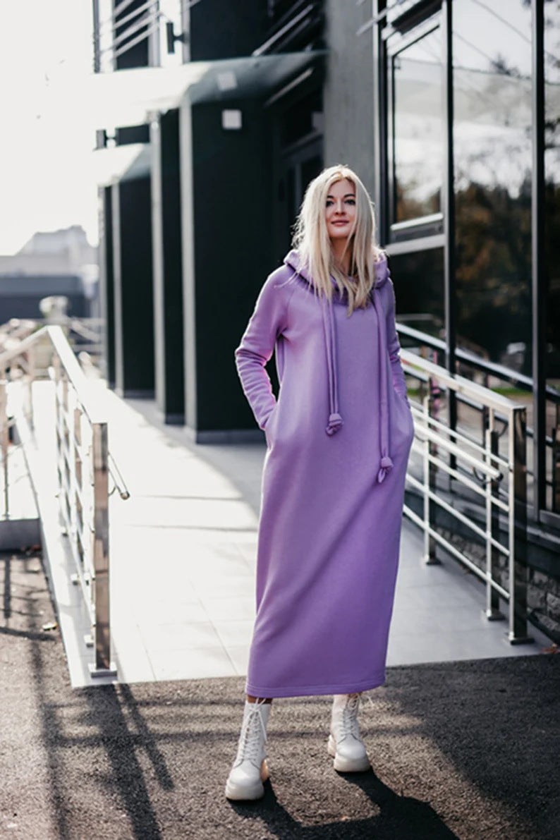 Oversized Knit Hooded Brushed Hoody Casual Fashion Stitching Dress
