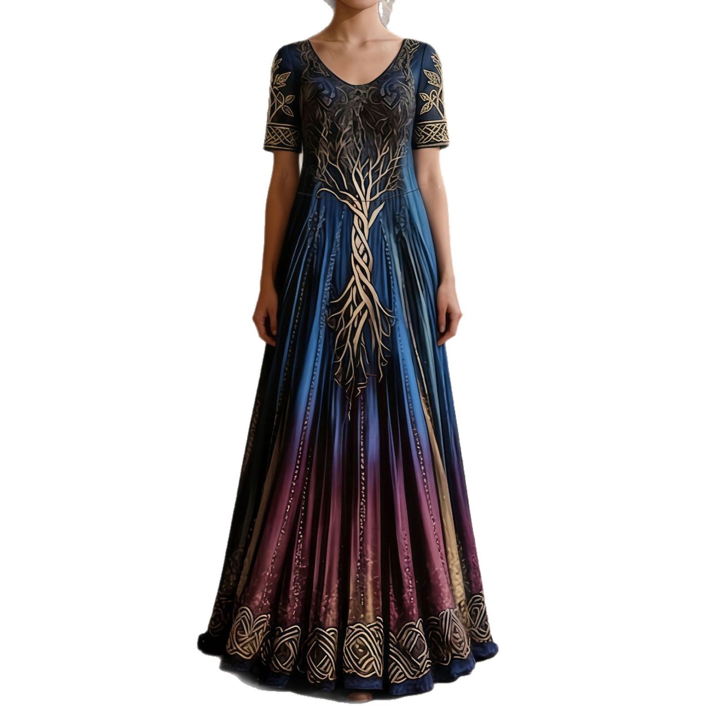 Lucky Tree Printed Short-sleeved Gradient Waist Banquet Party Dress
