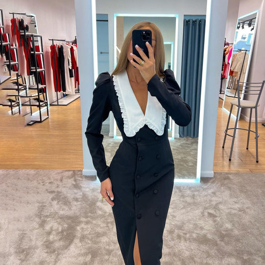 Women's White Contrast Color Split Long Dress Doll Dresses