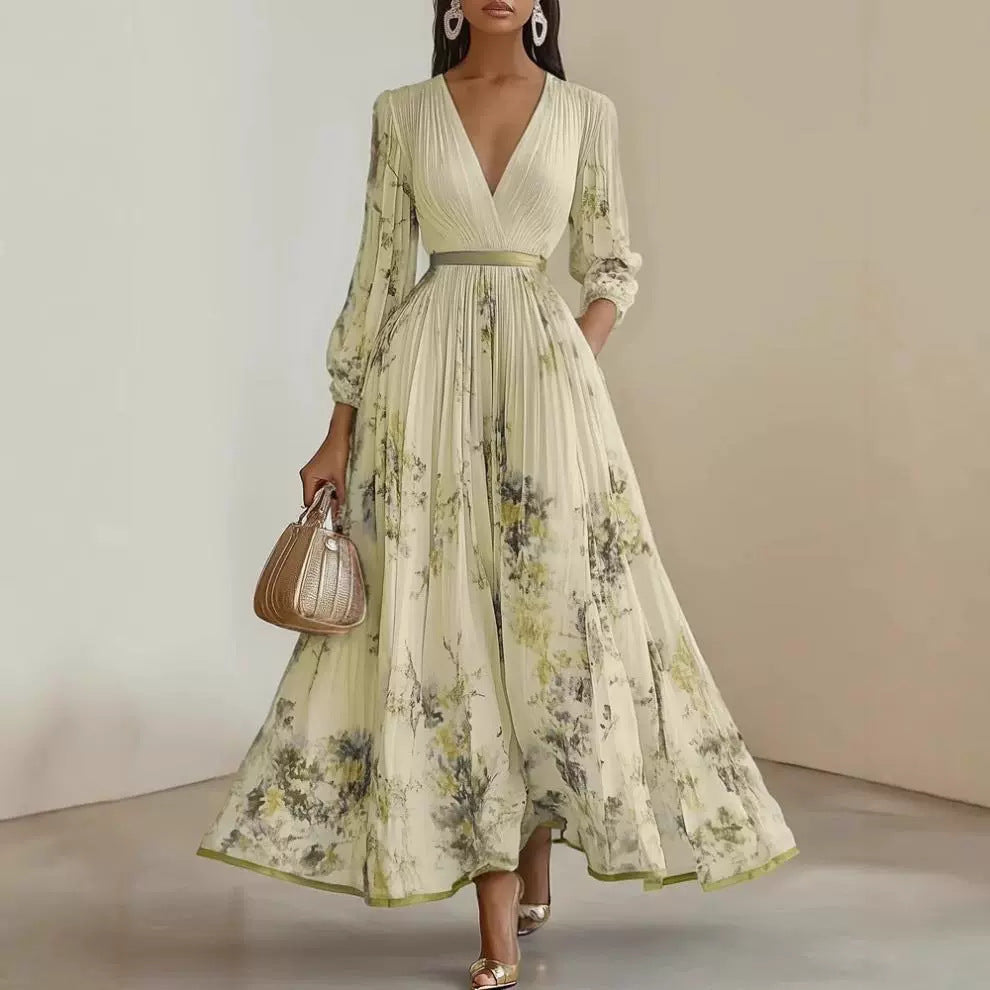 Women's Digital Printed Collar Long Sleeve Pleated Dresses