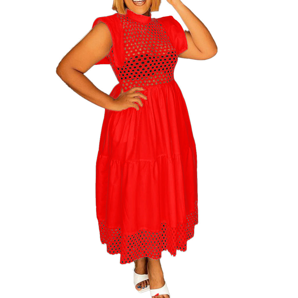Fei Flounced Sleeve Hollow Out Stitching Temperament Commute Loose A- Dress