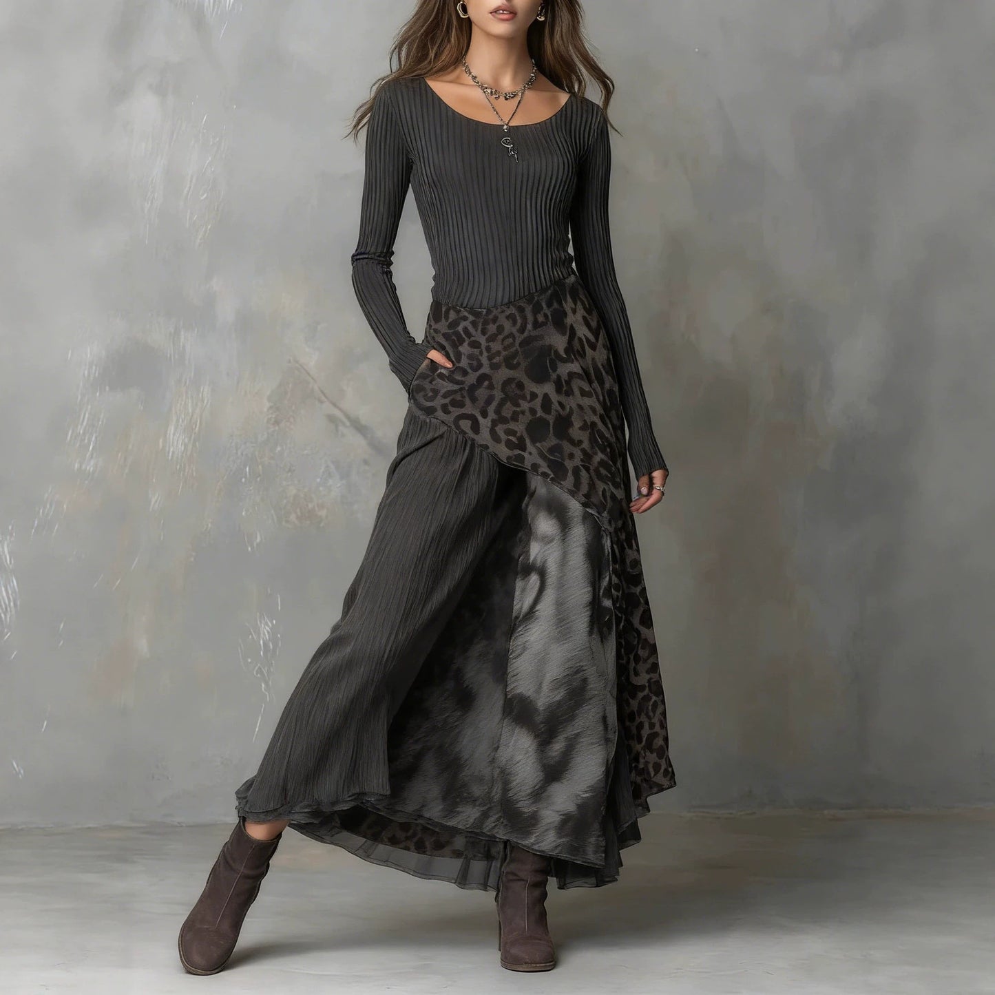 Leopard Print Elastic Waist Large Swing Dress