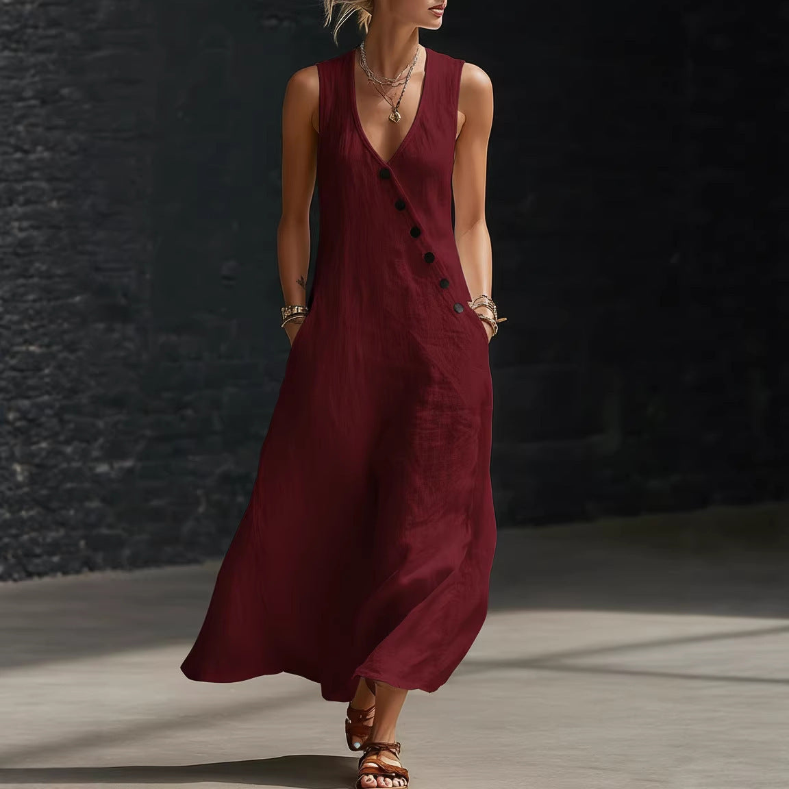 Idle Style Double-breasted Cotton Linen Sleeveless Dress