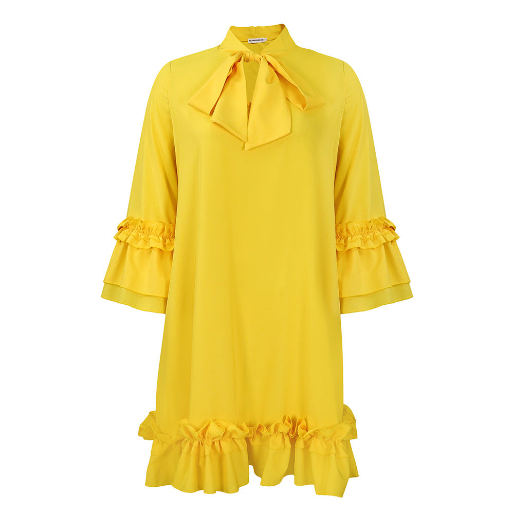 Women's Solid Color Temperament Tied Lotus Leaf Plus Size