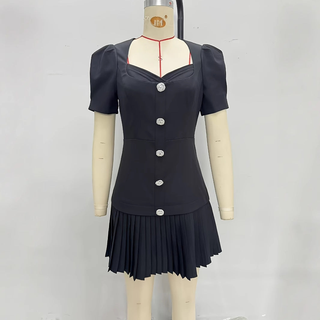 Women's Vintage Style Single-breasted Black Dress Button Dresses