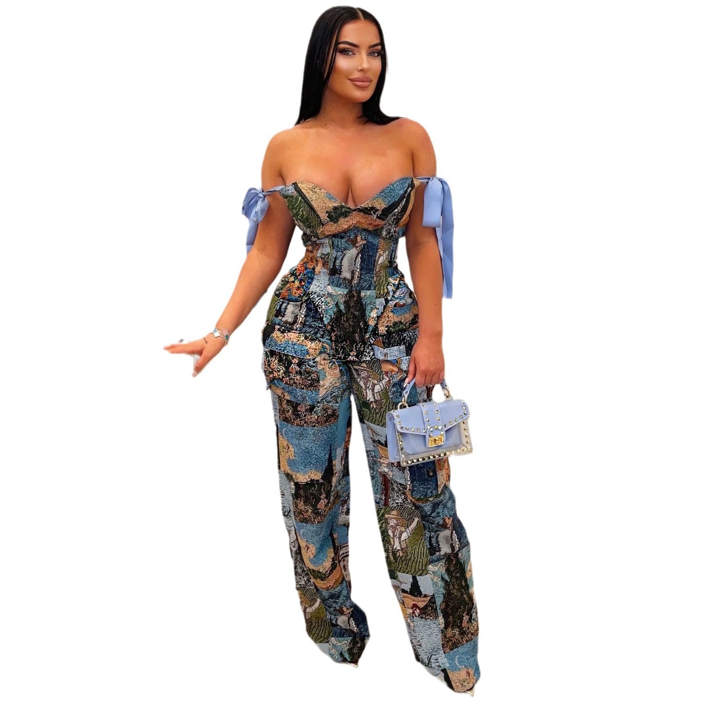 Printed Oil Painting Pattern Strap Drawstring Suits