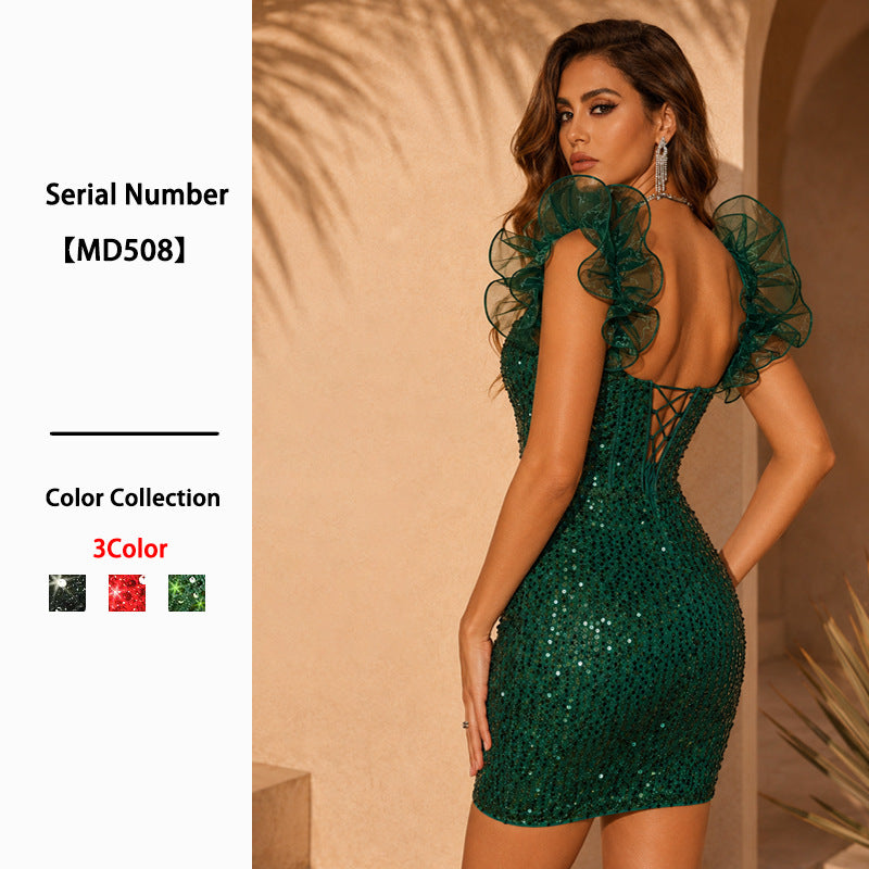 Women's Off Shoulder Party Sexy Sequins Ruffles Slimming Hip Skirts