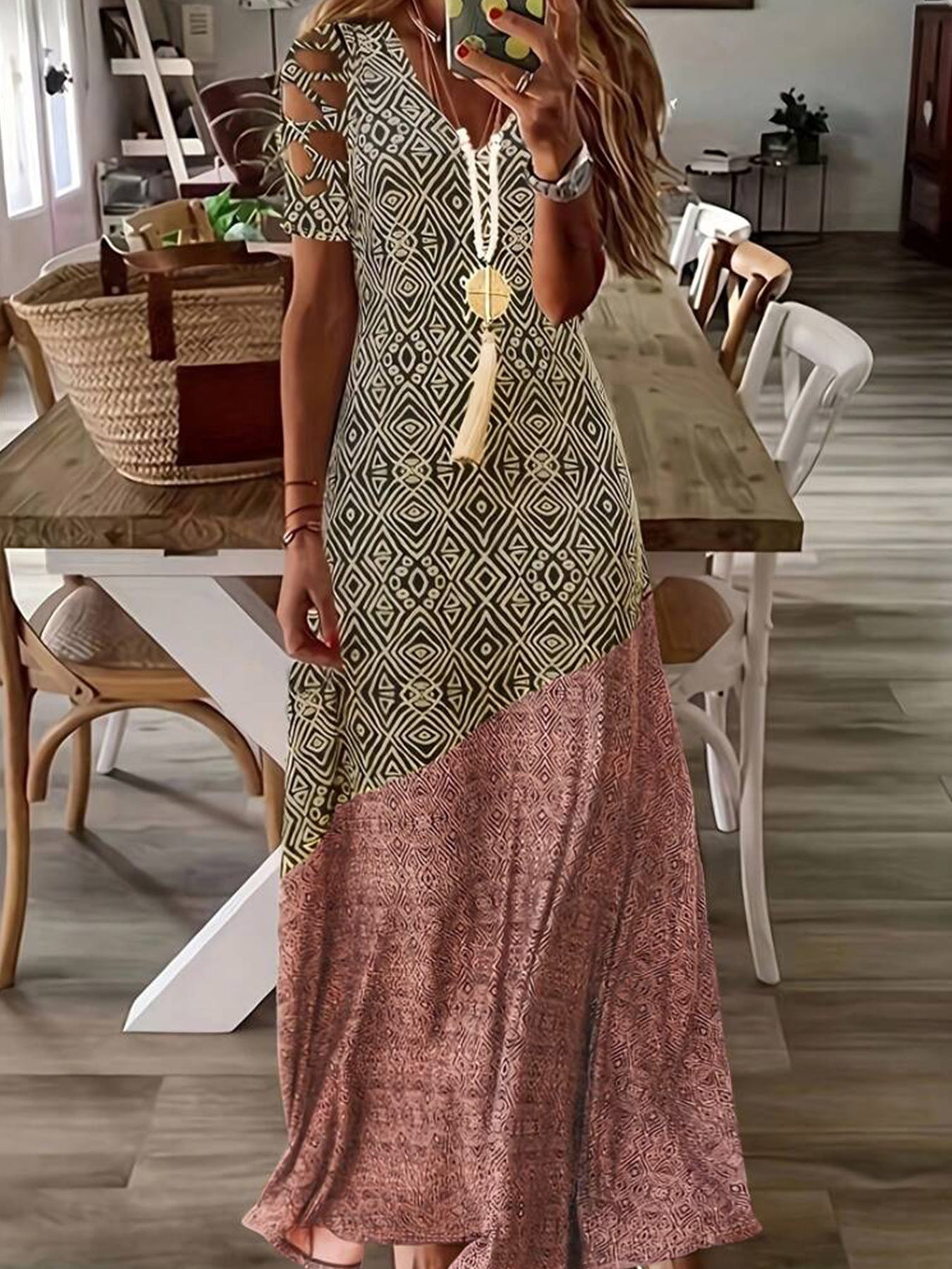 Women's Summer Hollow Casual Fashion Printing Long Dress