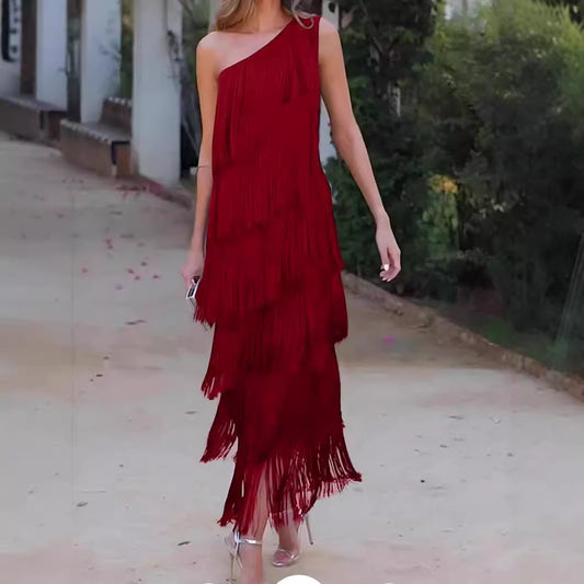Classy Fashion Tassel Shoulder Asymmetric Dress Dresses