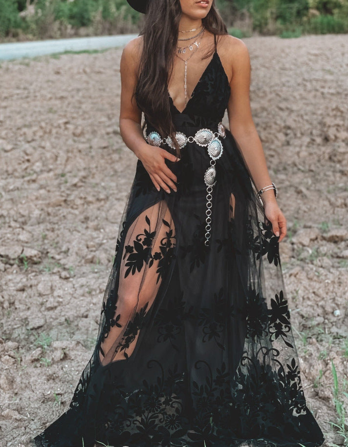Women's Sleeveless Strap Maxi Dress Exposed Leg Dresses