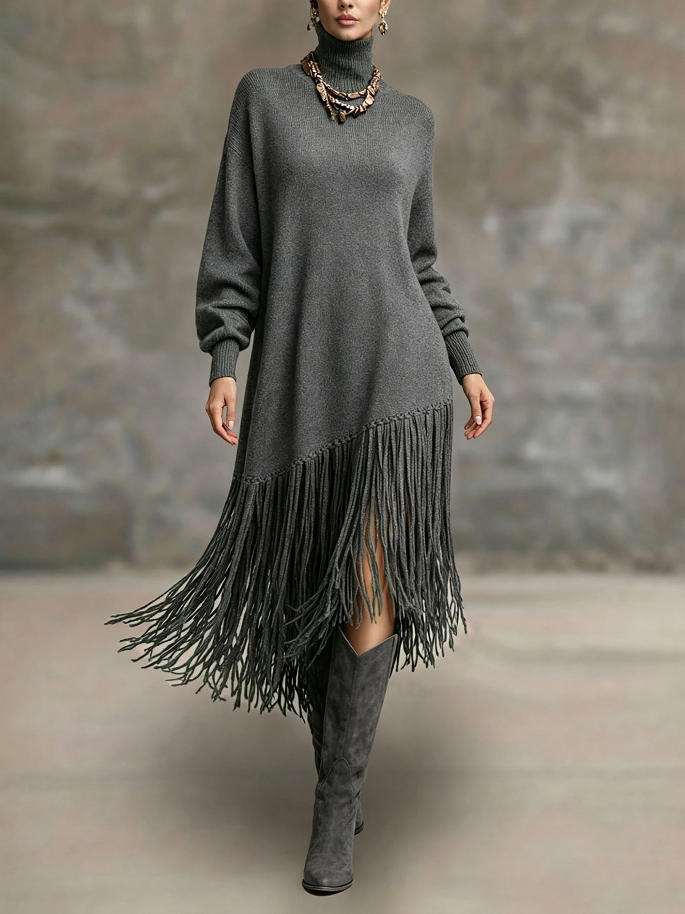 Women's Bohemian Long Fringe Design Solid Color Mature Dress
