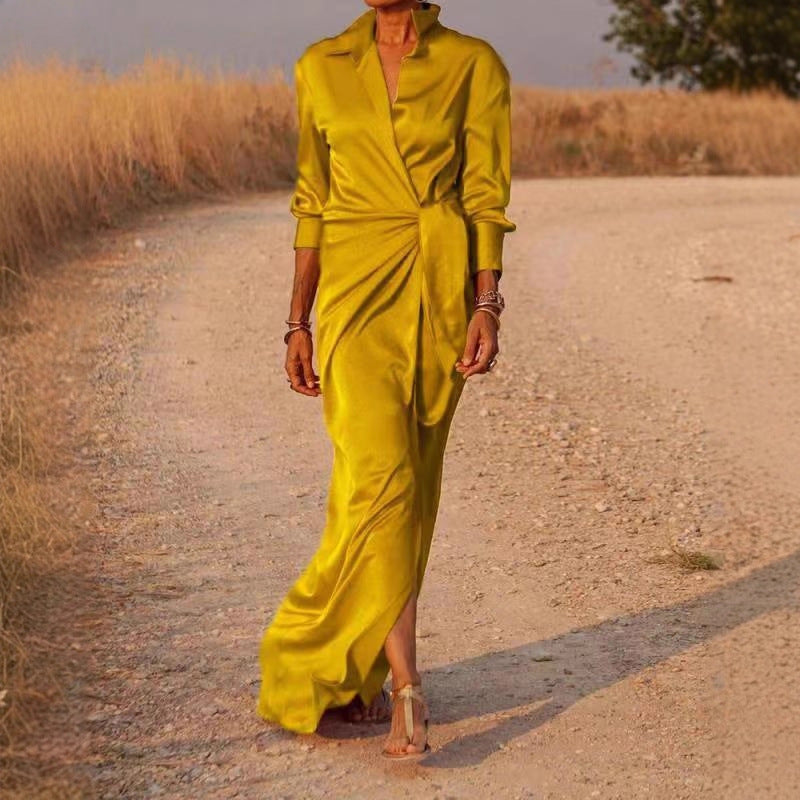 Women's Lace Up High Waist Slit Mop Long Sleeve Dress