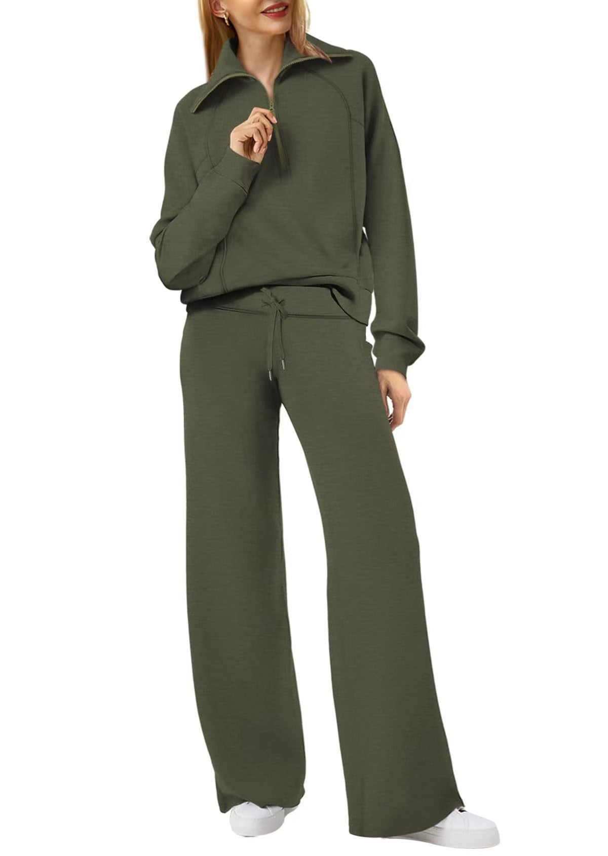 Women's Exercise Zipper Sweatshirt Wide Leg Pants