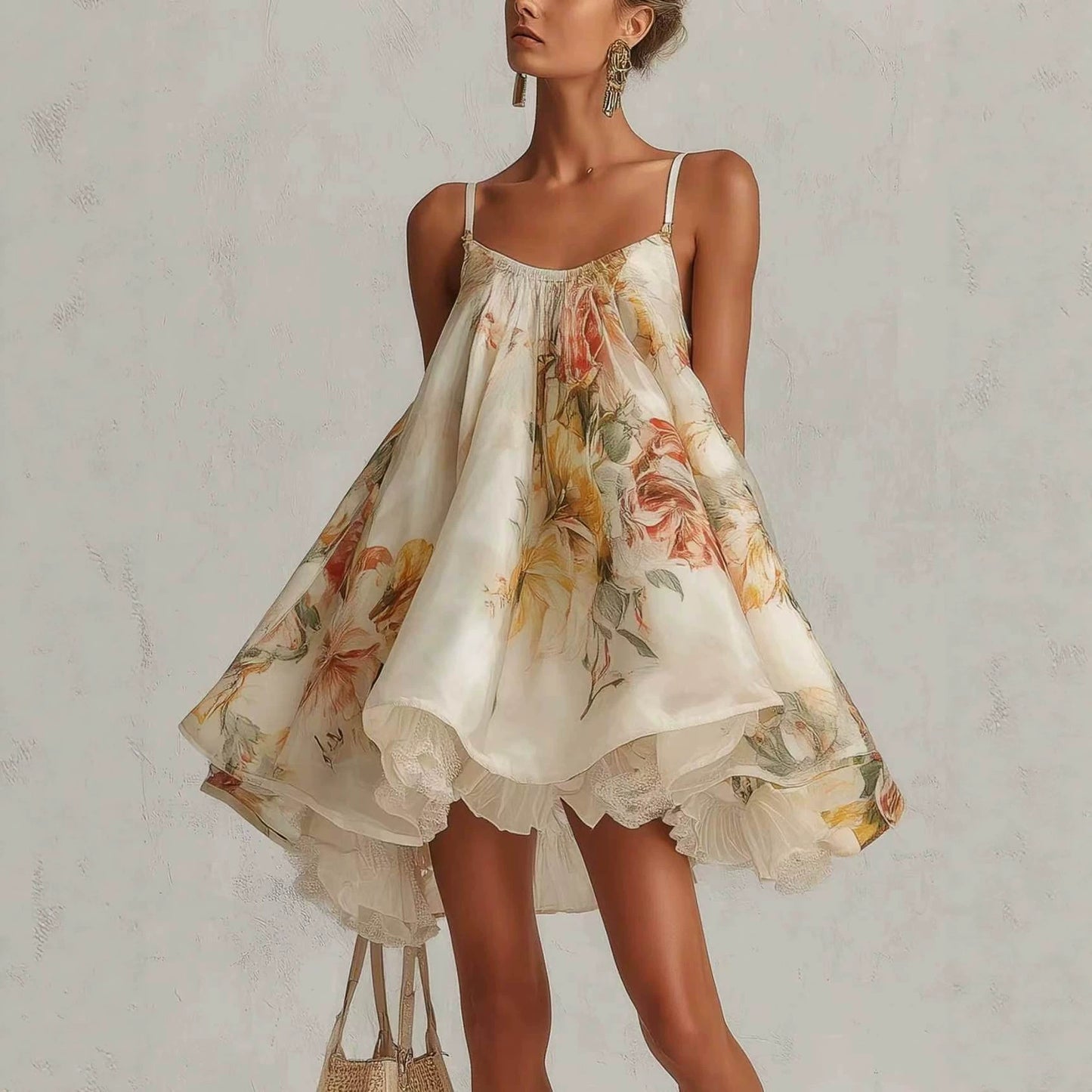 Women's Large Flower Loose Suspenders Puff French Lace Irregular Dress